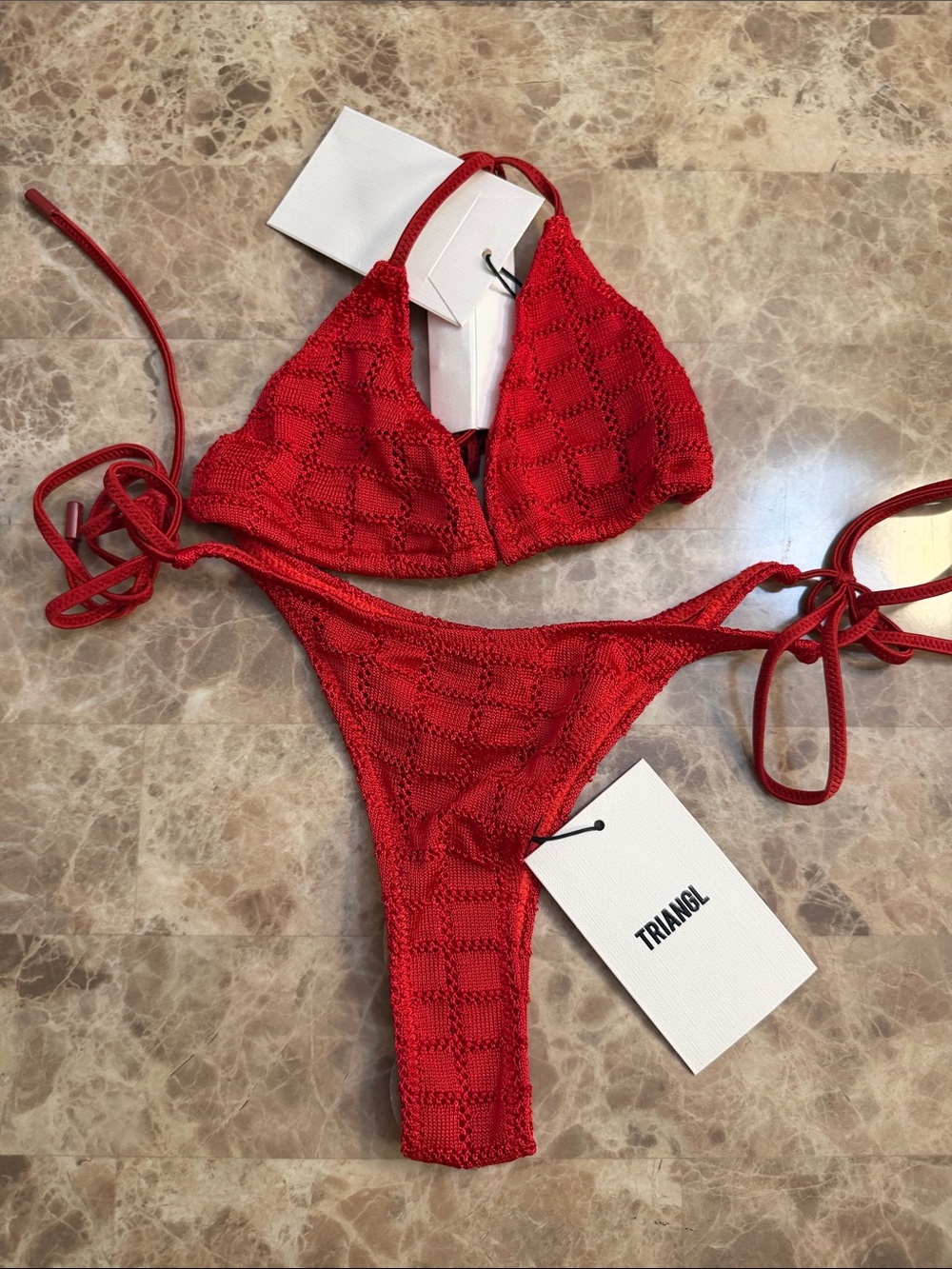 triangl swimwear Red Crochet Tie-Side Triangle Bikini